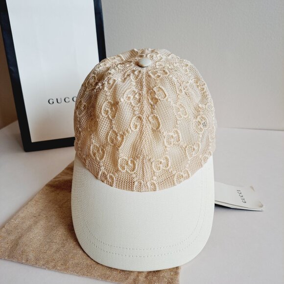 New Gucci Embroidered Mesh GG Monogram Cream Ivory Baseball Cap Size M main image 7